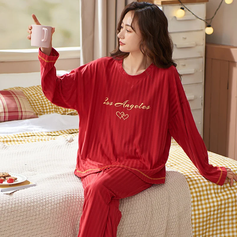 

2022 pajamas women's spring pullover long sleeved trousers autumn winter solid can be worn out clothes suit