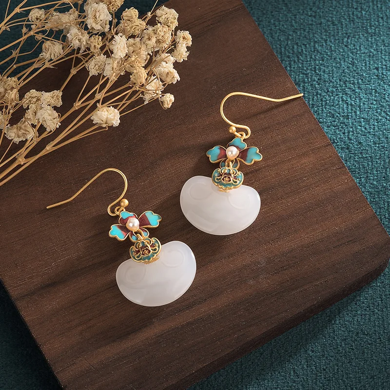 

National style cheongsam Hanfu earrings ancient method gold-plated enamel painted imitation Hetian jade retro earrings female