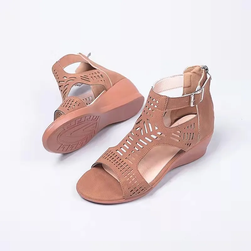 Women's Wedges Sandals Comfortable Outdoor Gladiator Platform Roman High Heels Shoes Party Hollow Out Thick Heel Zipper Shoes