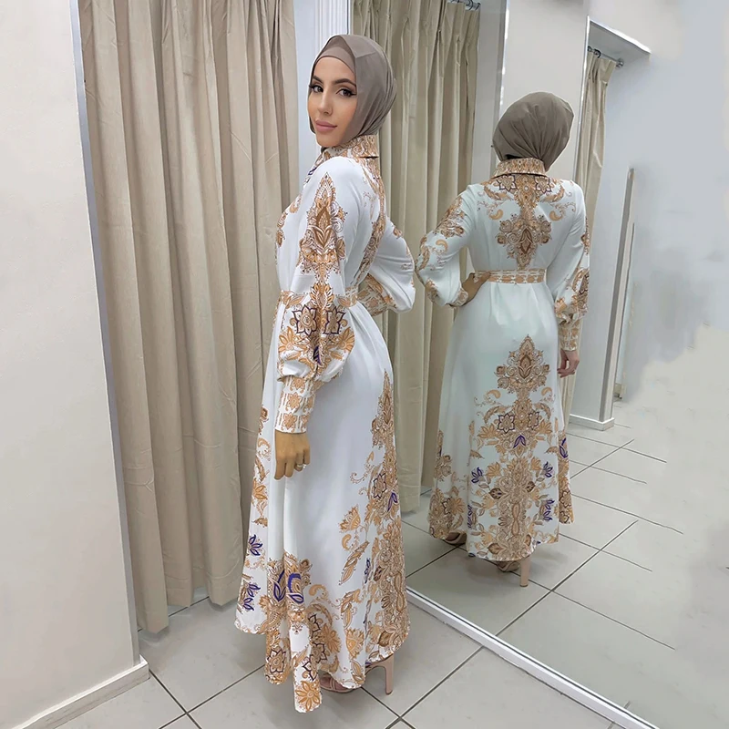 Women Muslim Floral Print Long Sleeve Eid Dress 2022 Islam With Hijab Belt Malaysia Ramadan Dubai Arabic Luxurious Evening Dress