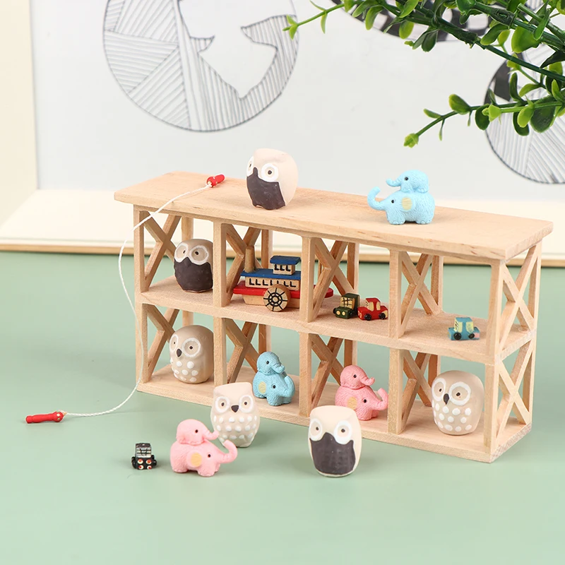 

1Set 1:12 Dollhouse Miniature Wooden Storage Side Cabinet Owl Elephant Dolls Toys Ornaments Display Rack Stand Furniture Model