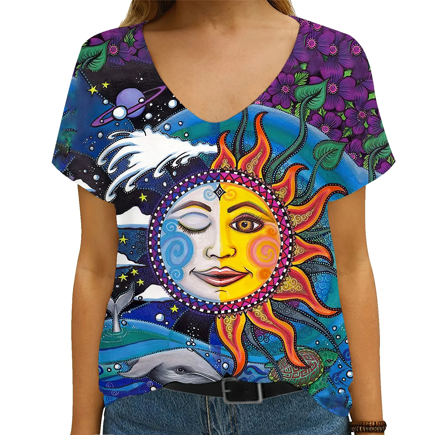 

Summer ladies t-shirt cotton new print sun moon mandala witch logo short sleeve loose all-match comfortable sweatshirt