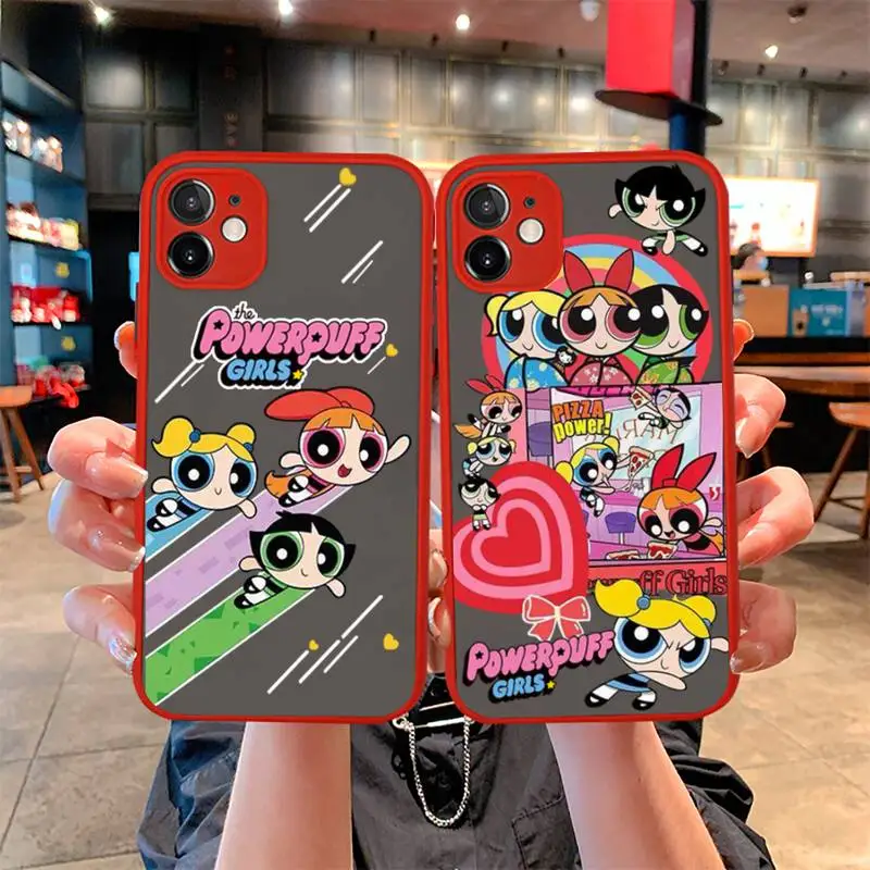 

The Powerpuff Girls Cute Cartoon Phone Case For iphone 13 12 11 Pro Mini Max XS X 8 Plus SE 2020 XR Matte Transparent Light red