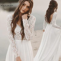 classic long sleeves lace boho wedding dresses for women 2022 vestido de novia v neck a line chiffon beach bridal gowns
