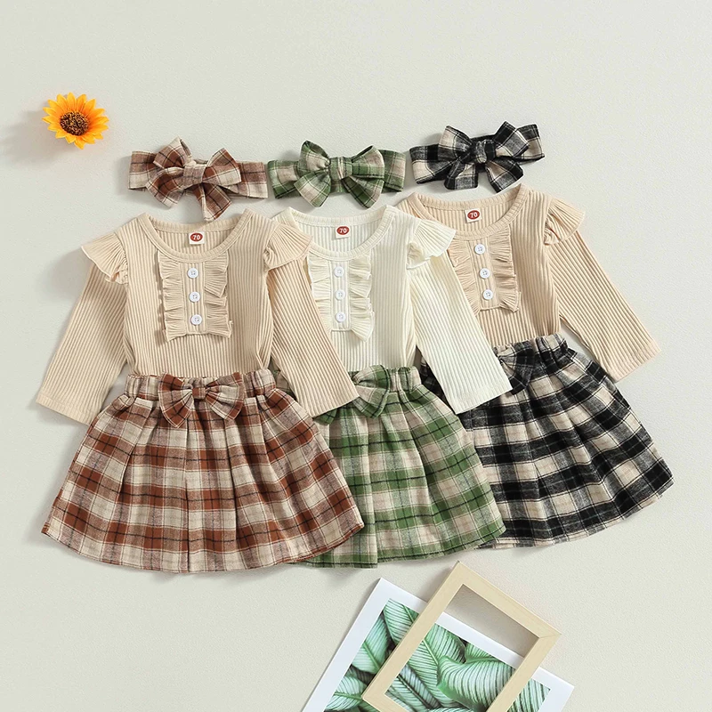 

SUNSIOM Infant Baby Girl Fall Clothes Set Solid Color Ruffle Long Sleeve Ribbed Rompers Plaid A-line Skirt Bow Headband Outfot