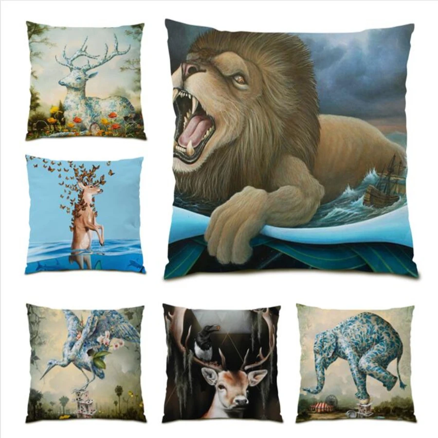

Gift Cushion Cover 45x45 Decoration Home Polyester Linen Throw Pillow Covers Cartoon Animal Oil Painting Living Room E0206