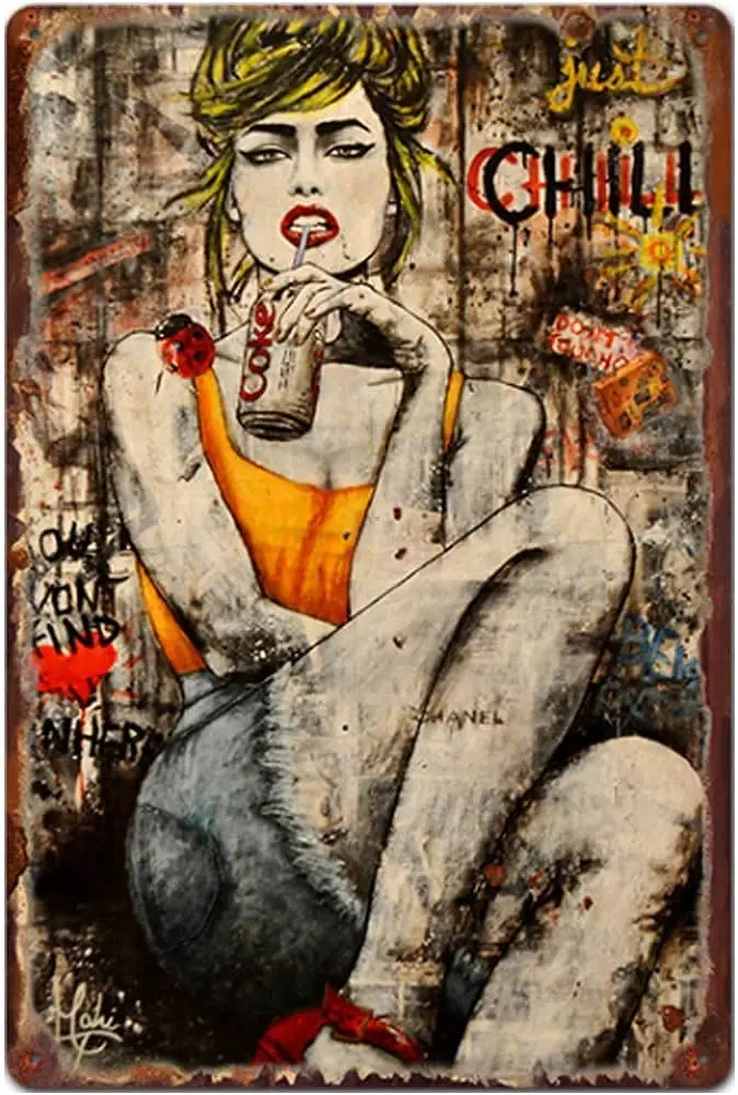 

Original Retro Design Girl Drinking Drink Tin Metal Signs Wall Art | Thick Tinplate Print Poster Wall Decoration for Bar