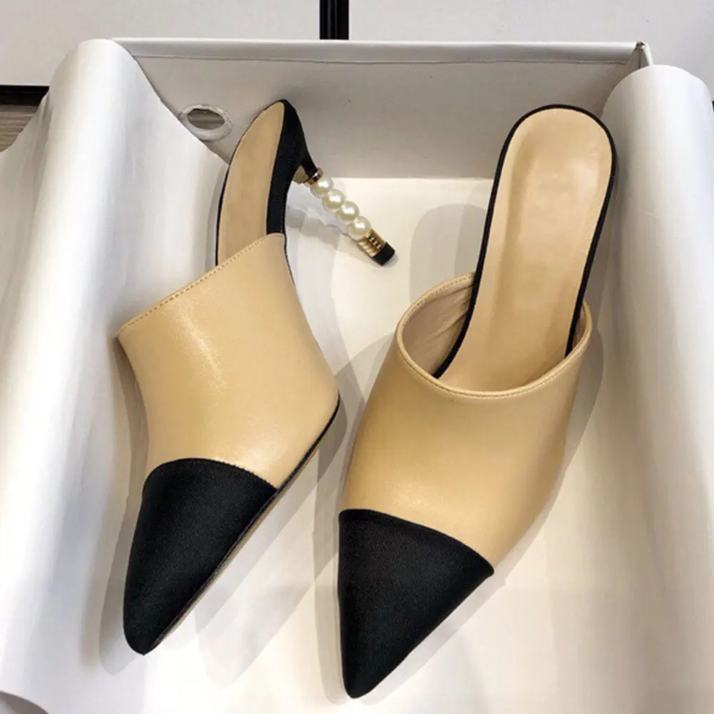 Brand New Great Quality 2023 Summer Pearls Genuine Leather Thin High Heels Women Mules Pumps Slip On Elegant Chic Party Shoes