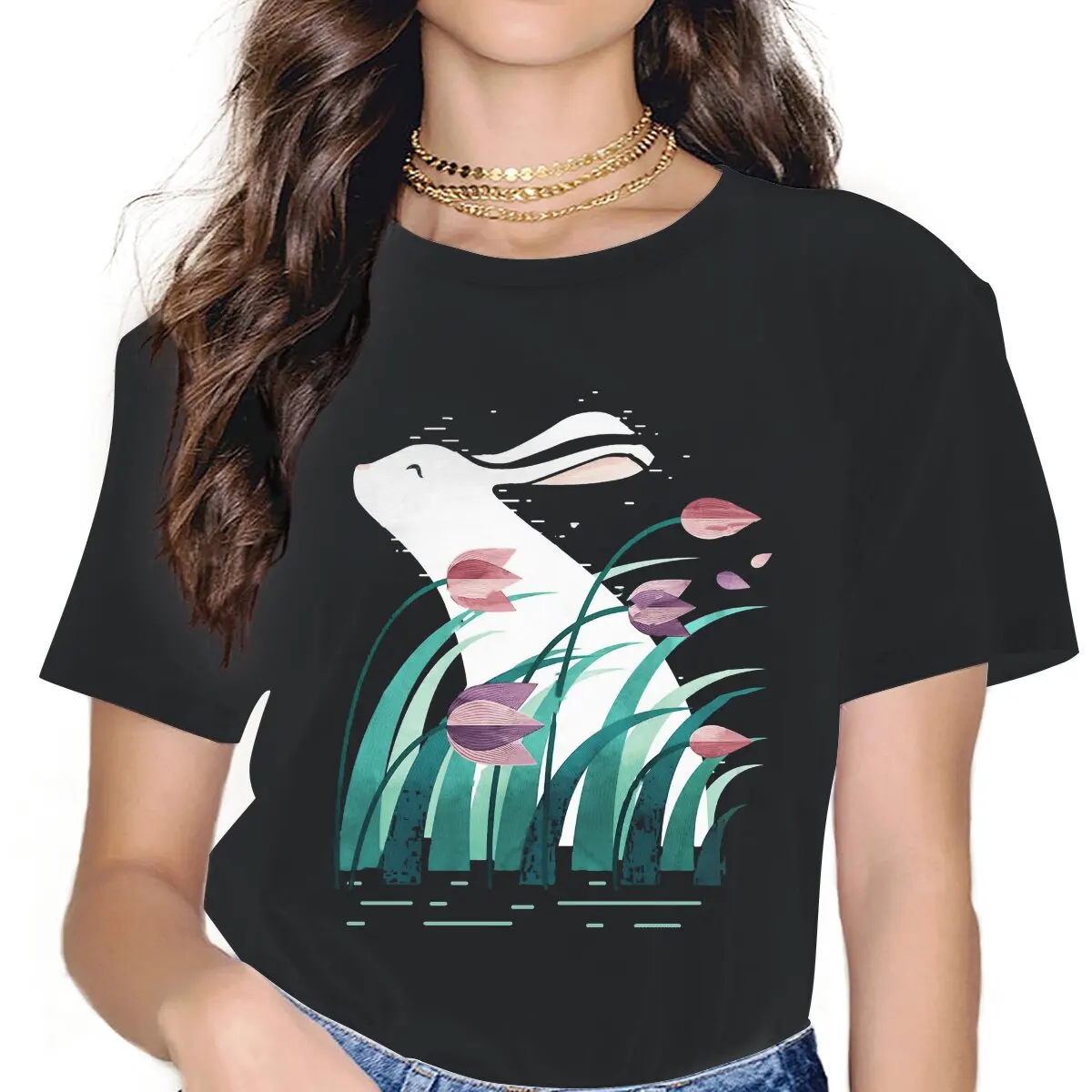 

Resting Classic Feminine Shirts Bunny Rabbit Cute Animal Docile Oversized T-shirt Kawaii Vintage Female Top