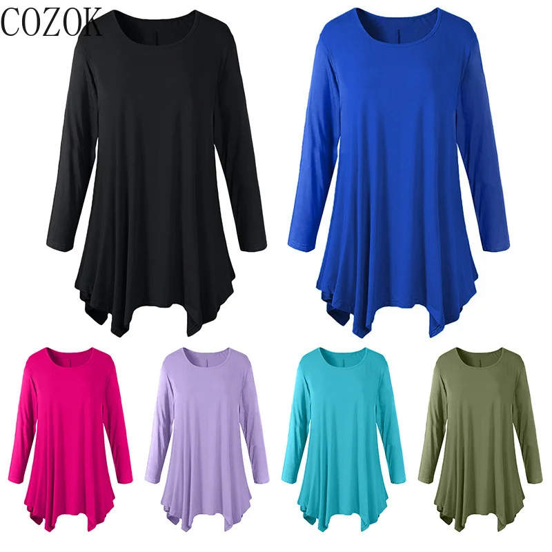 

Large Size Women's Clothing Autumn and Winter New Mid-Length Long-Sleeved T-shirt Loose round Neck Solid Color Bottoming Shirt