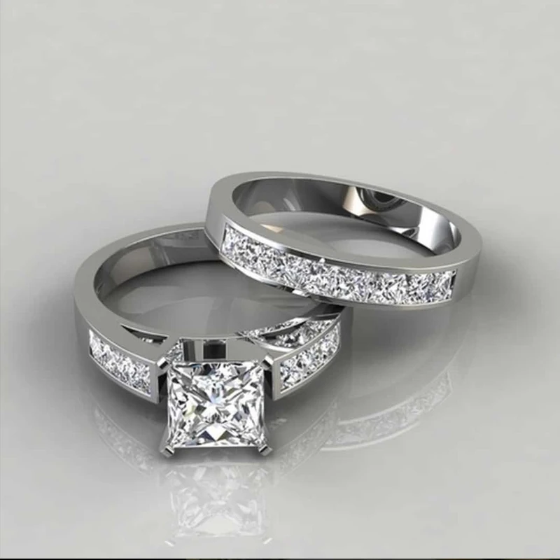 

2 PCS/Set Fashion Plain Circle Square White Zirconium Ring Set for Women Party Wedding Rings Jewelry Size 6-10
