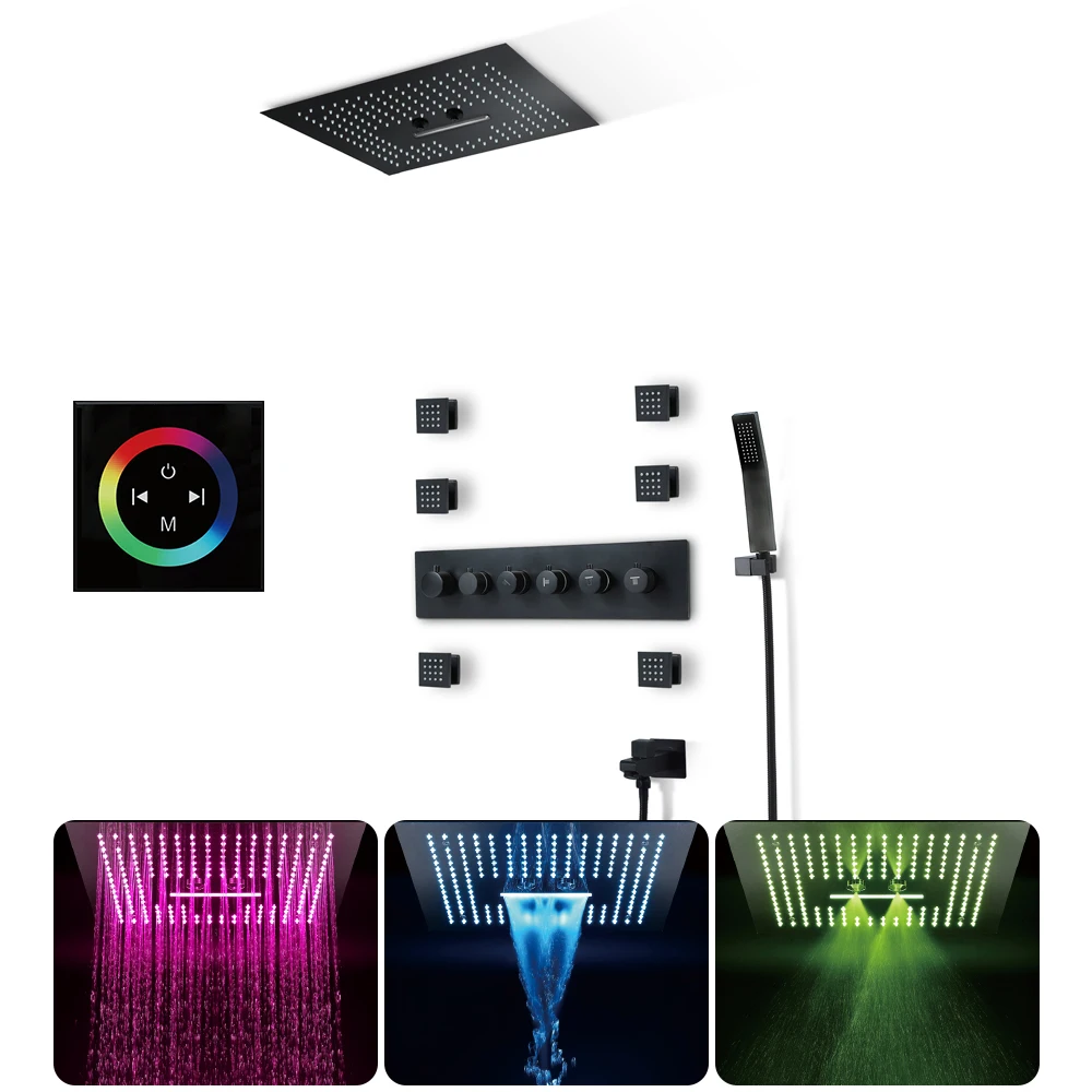 

Embedded LED Brass Ceiling Bathroom Waterfall Rainfall Misty Shower Thermostatic Shower Faucet Set