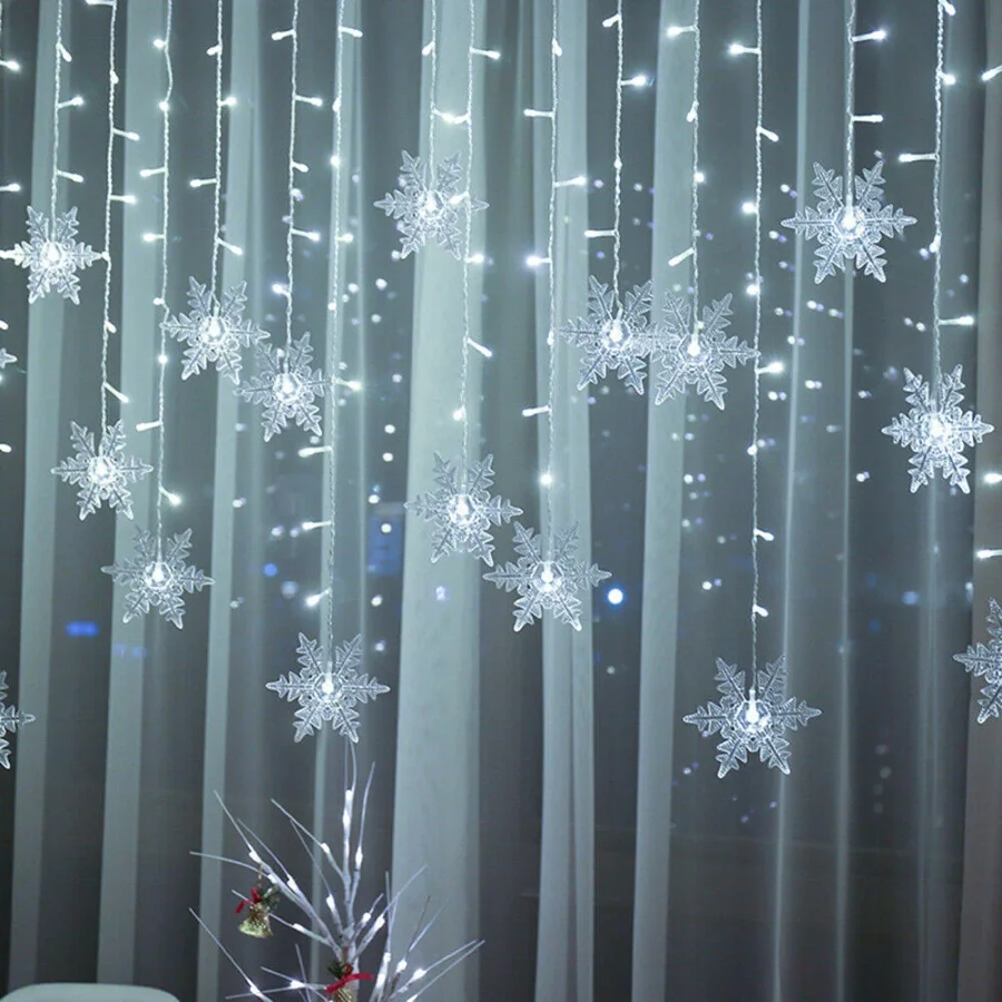 3.8M Christmas Snowflake LED String Lights Flashing Fairy Curtain Garland Lights Fancy Holiday Party New Year Decoration