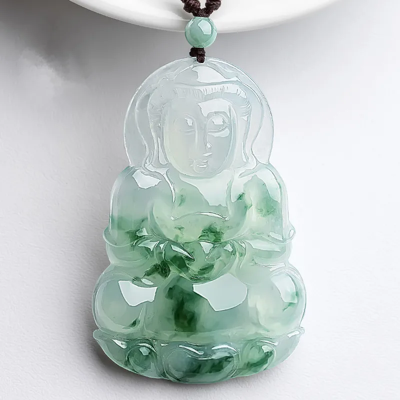 

Natural Myanmar Jade A, Ice Waxy, Floating Blue Flower Guanyin Pendant, Male Jade Pendant