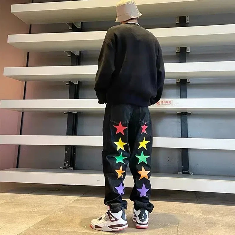 Printed Black Jeans Men Hip Hop Baggy Denim Trousers Fashion Straight Pants Spring Summer Man Bottoms Y2k Clothes Streetwear