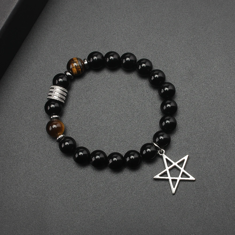 

Black Obsidian Round Beads Tiger-eye Stone Stainless Steel Bracelet with Star Charms for Men Handmade Jewelry