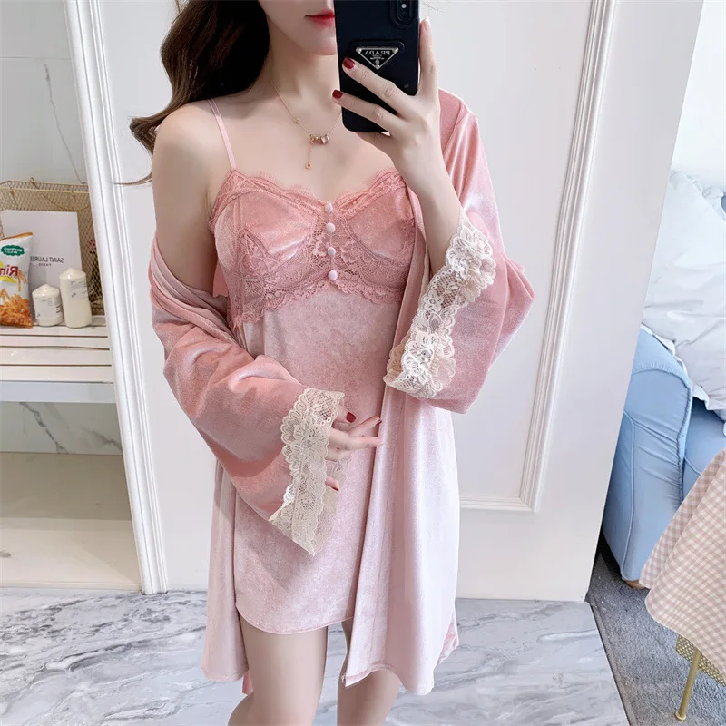 

Golden Velvet Women Long Sleeve Lace Edge 2Pcs Robe Nightgown V Neck Sleepwear Sleep Suit Home Dress Solid Color Lounge