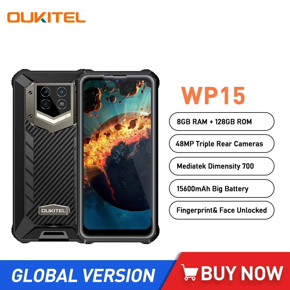 OUKITEL WP15 Rugged Smartphones Dual 5G 15600mAh 8GB+128GB Mobile Phones 6.52 Inch 48MP Triple Camera Android 11 NFC Cell phone