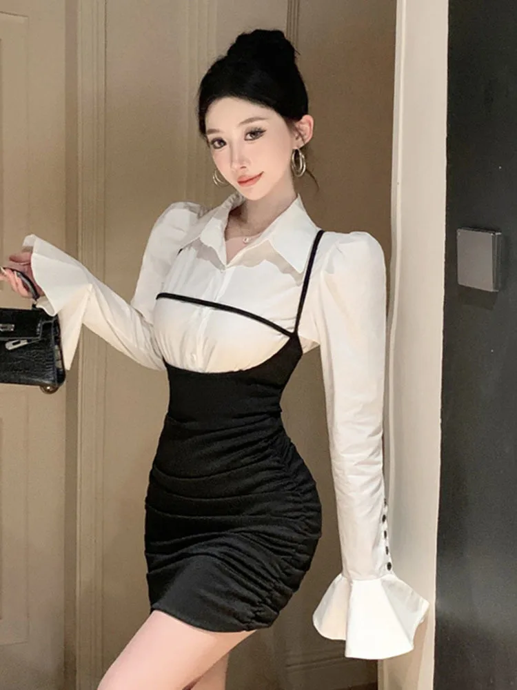 Темпераментное платье из двух частей с длинным рукавом облегающее запахом на