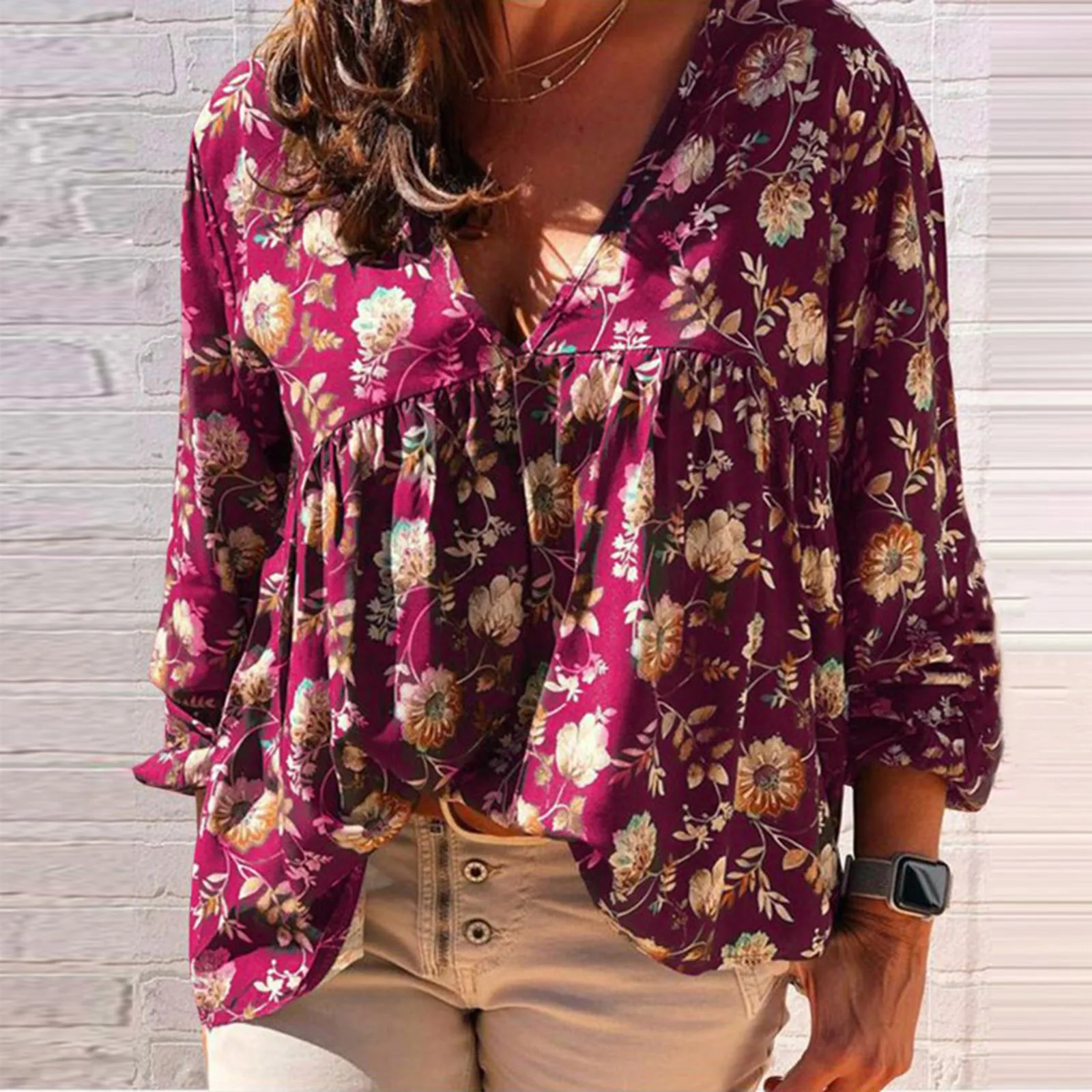 

Womens Fashion Tops Loose Style Printed V Neck Long Sleeves Womens Swim