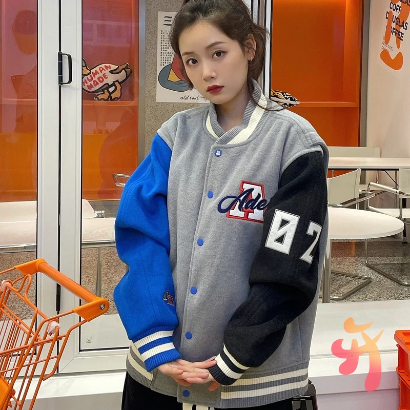 

Adererror Jacket Embroidered ADER Contrast Color Baseball Uniform Men's Women's Leather Sleeve Woolen Coat