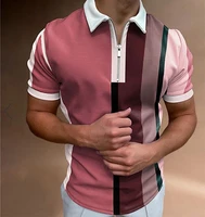 men slim stripe polo shirt summer fashion plaid patchwork short sleeve tops for casual men turn down collar zip up polo shirts z
