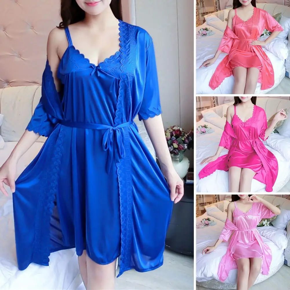 

Robe Gown Sets Women 2pcs Solid Ice-silk Trendy Casual Lace Up Home Popular 3XL Loose Nightwear Sexy Thin Womens Bathrobe Chic