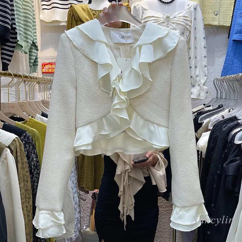 

Ruffles Veck Apricot Jacket Women 2022 Early Autumn Elegant Slim-Fit Short Coat Ladies High Waist Chic Top