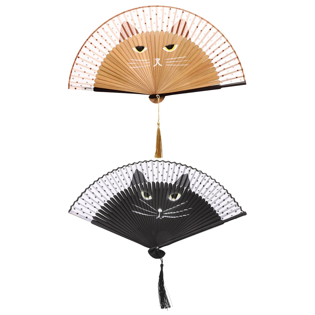

2 Pcs Cooling Fan Cartoon Cat Folding For Women Foldable Hand Handheld Fans Wedding