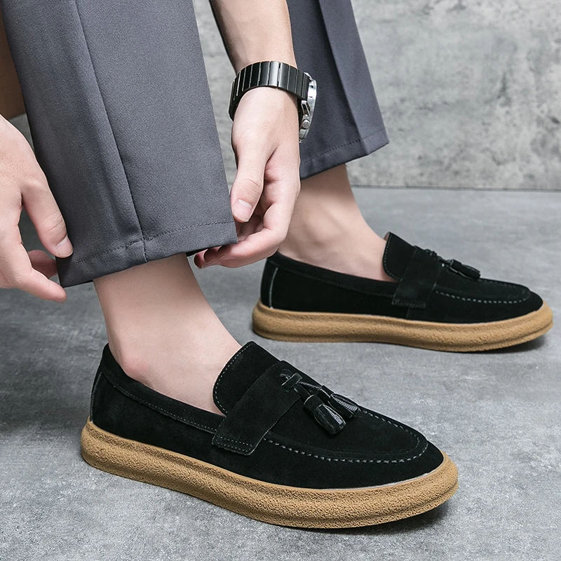 Мужские лоферы с кисточками матовая кожа мягкие коричневые повседневные