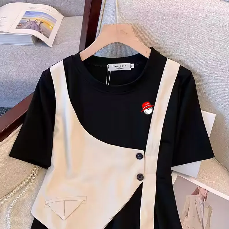 Embroidery Golf Clothes Women's Dress New 2023 Summer Women's Casual Belly Cover Show Thin Chic A-line Fake Two-piece Dress