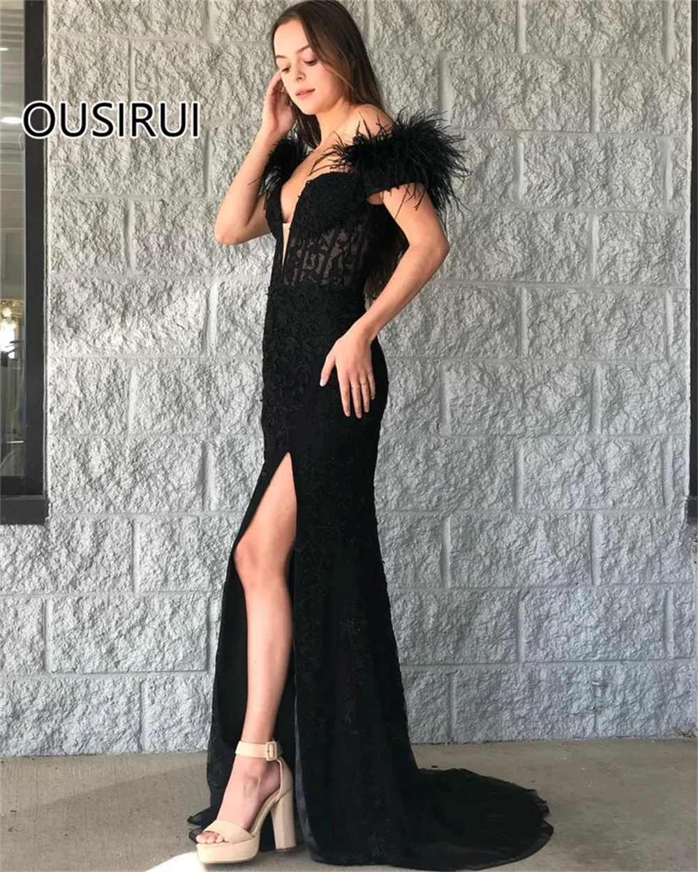 Фото OUSIRUI модное Тюлевое платье с открытыми плечами для выпускного вечера с перьями Русалка С Боковым Разрезом для двора с открытой спиной бальное платье для выпускного вечера платья №2
