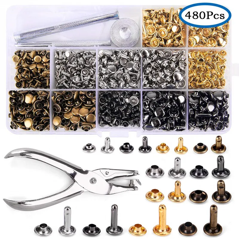 

240/480Sets Metal Double Cap Rivet Stud Round Nail Spike With Tool Kits For Leathercraft DIY Shoes Bag Belt Clothing Accessories