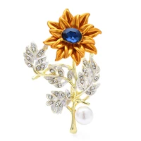 wulibaby enamel sunflower brooches for women unisex rhinestone pearl flower party office brooch pin gifts