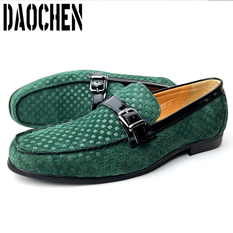 Italian Men Loafers Shoes Black Green Monk Strap Slip On Men Dress Shoes Office Wedding Party Genuine Leather men's casual shoes