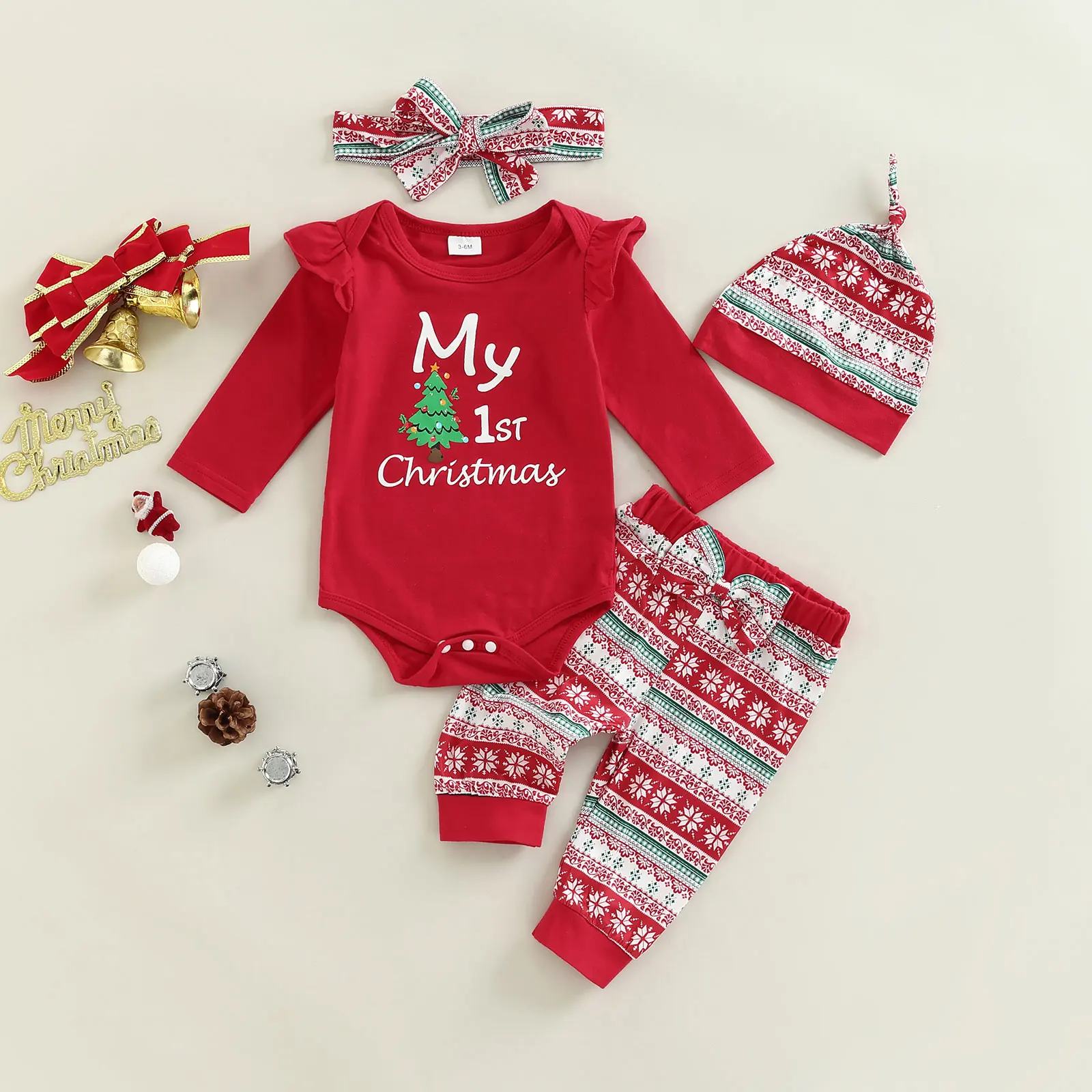 

TR Christmas Infant Baby Boys Girls Clothes Set Long Sleeve Ruffled Letter Print Romper + Snowflake Pattern Pants