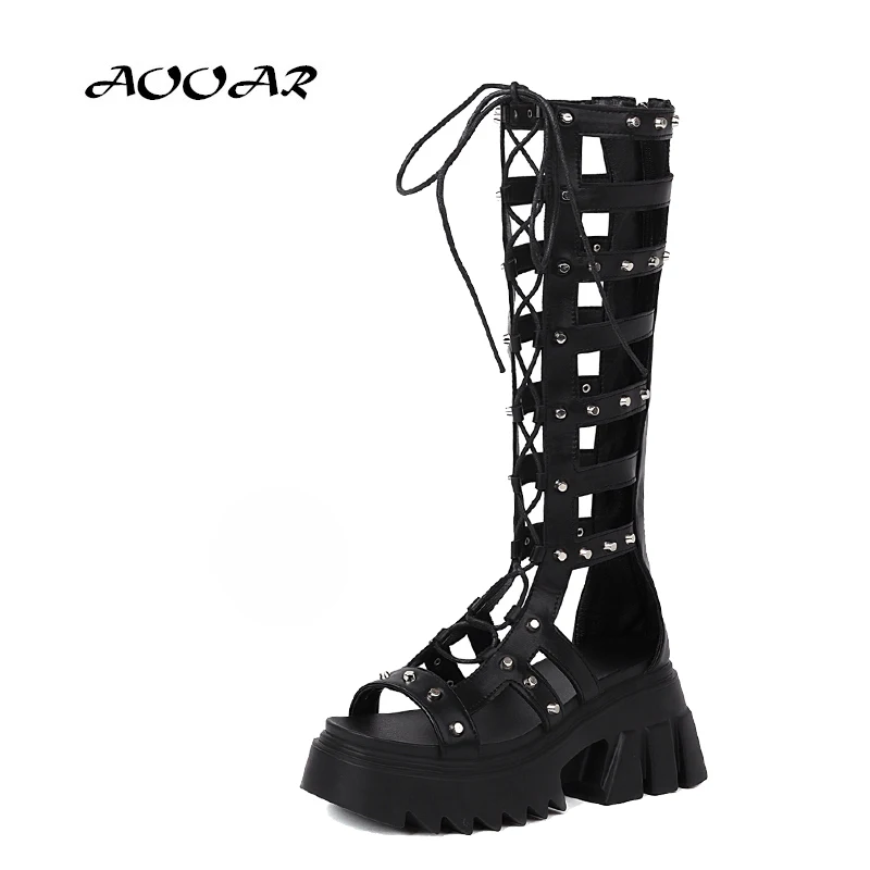 

AOOAR New Goth Women 2022 Strappy Lace-up Platform Sandals Zip Punk Cut-out Mid-calf Boots Summer Heels Roman Studded Shoes