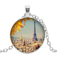 2019 new handmade france paris eiffel tower landscape pendant 3 color glass cabochon necklace fashion jewelry sweater chain