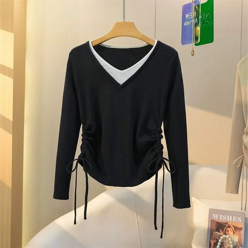 Женская футболка больших размеров с длинным рукавом иллюзорный дизайн