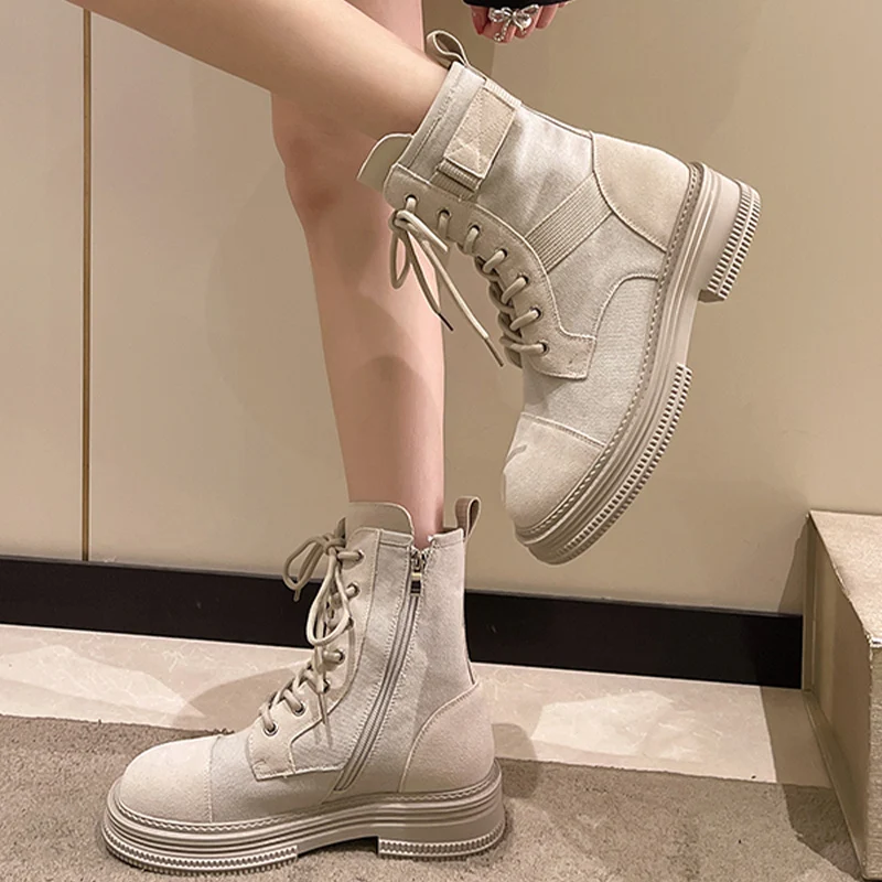 

Platform Women Casual Chelsea Ankle Boots Autumn Winter New Trend Low Heels Shoes 2022 Fashion Women Motorcycle Lace Up Boots
