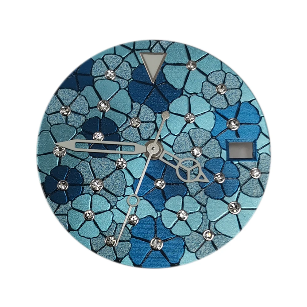 

28.5mm NH35 Dials Pointers Kit Creative Flower Texture Watch Dial Blue/Green/Silver Sterile Dial for NH35/NH36/4R/7S Movement
