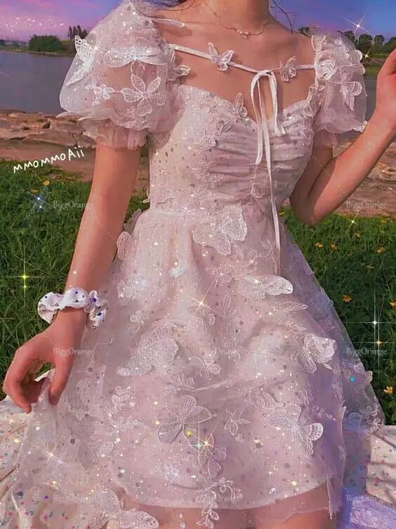 

Summer Butterfly Tie Fairy Princess Dress 2022 New Sequin Mesh Sweet Girl Puff Sleeve Dresses for Women Short Prom Skirt