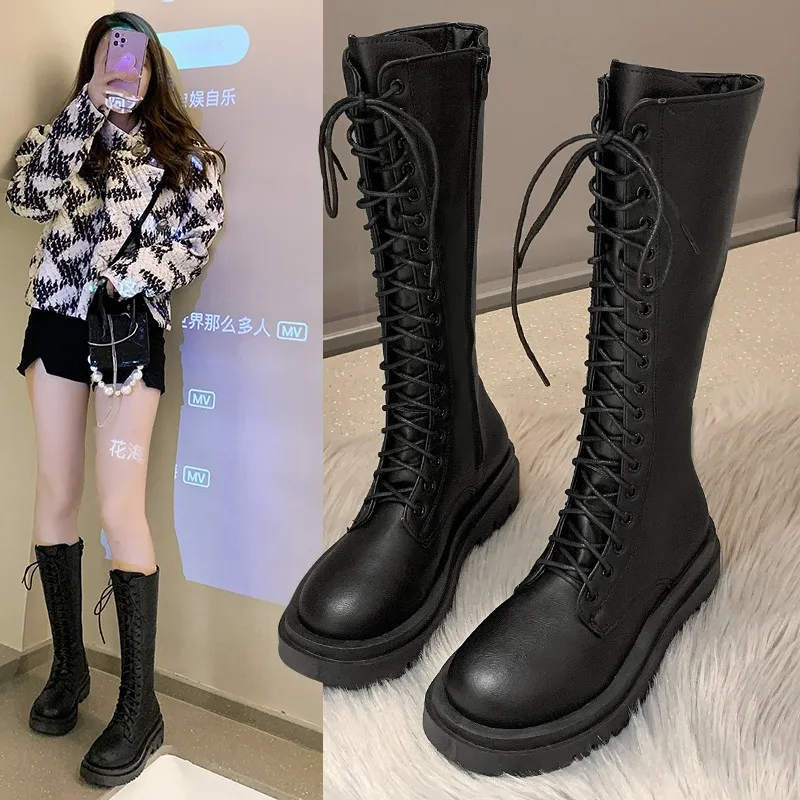 

2022 Women's Boots Fall/winter Women's High Boots Round Toe Knee-length Thick Bottom Lace-up Rubber Black Botas Mujer