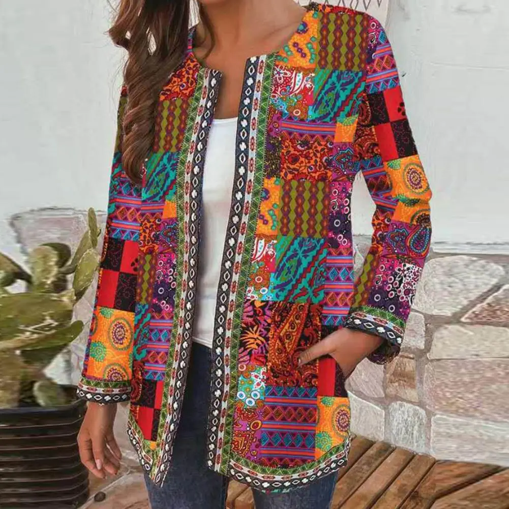 Cardigan Coat  O-neck   Loose Outerwear Women Autumn Ethnic Style Retro Print Outerwear