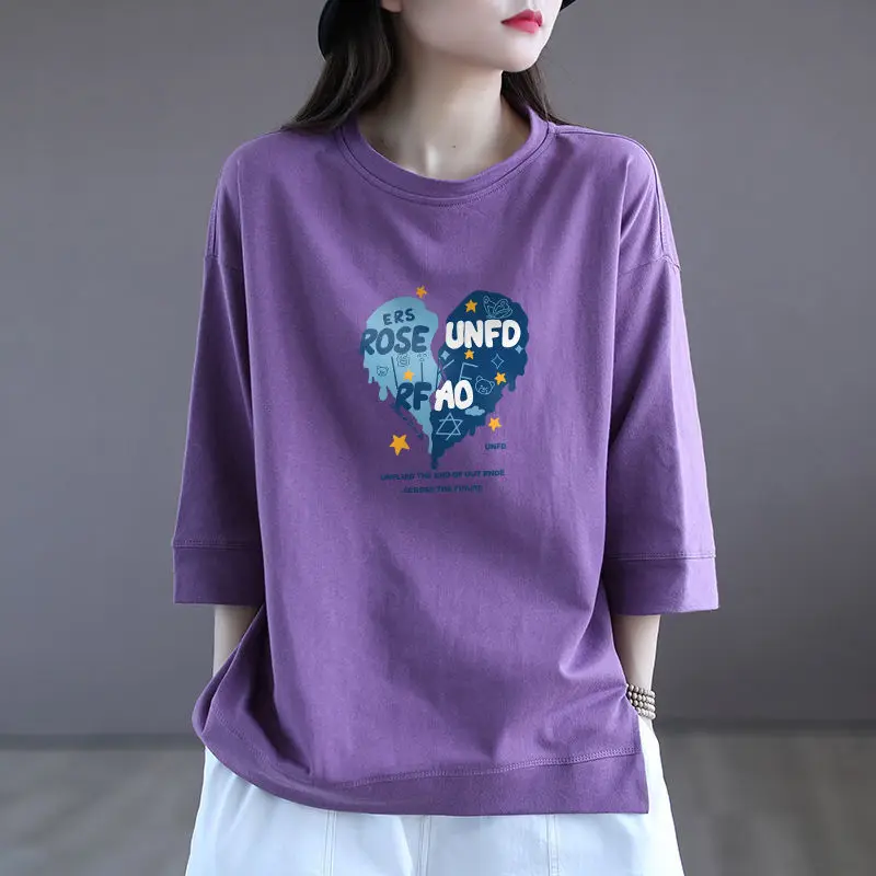 

Футболка женская с коротким рукавом, хлопковая фиолетовая свободная Тонкая Повседневная рубашка с рукавом семь восьмых, весна-лето