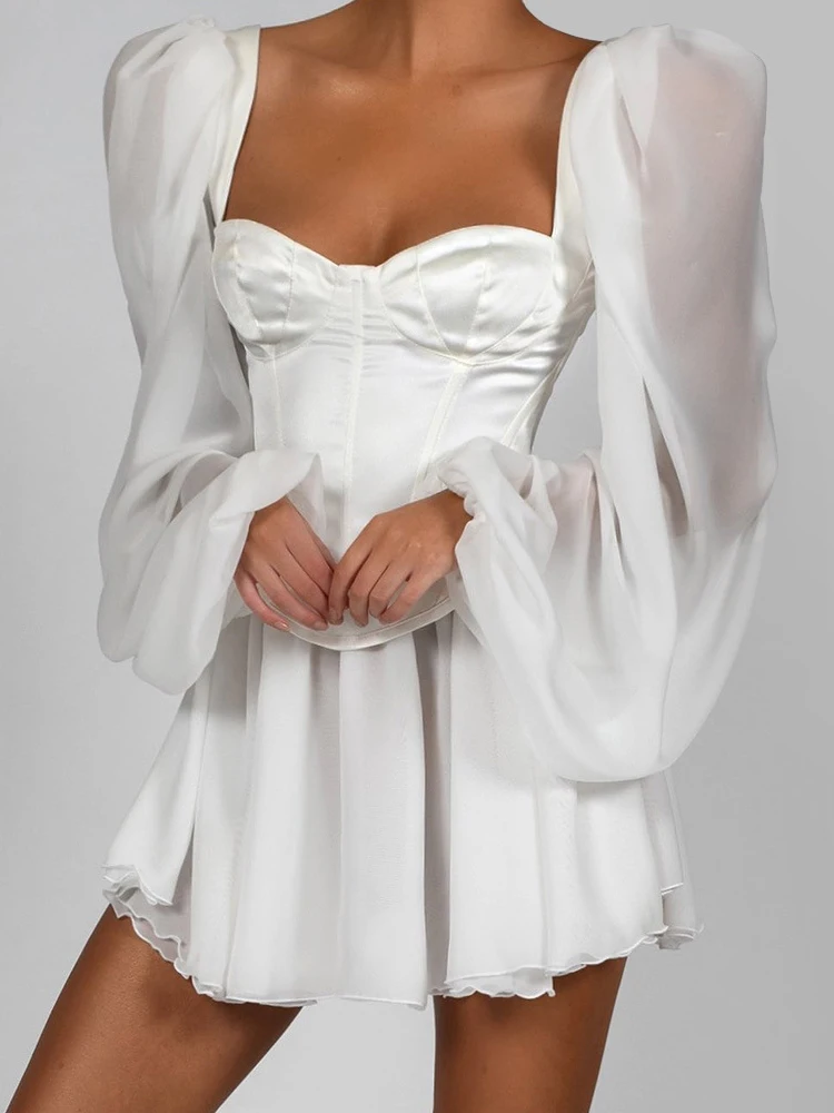 

Sweet Square Neck Backless Lantern Long Sleeve Slim Fit White Ruffle Chiffon Dress 2022 Fashion Elegant Mini Summer Dress Women