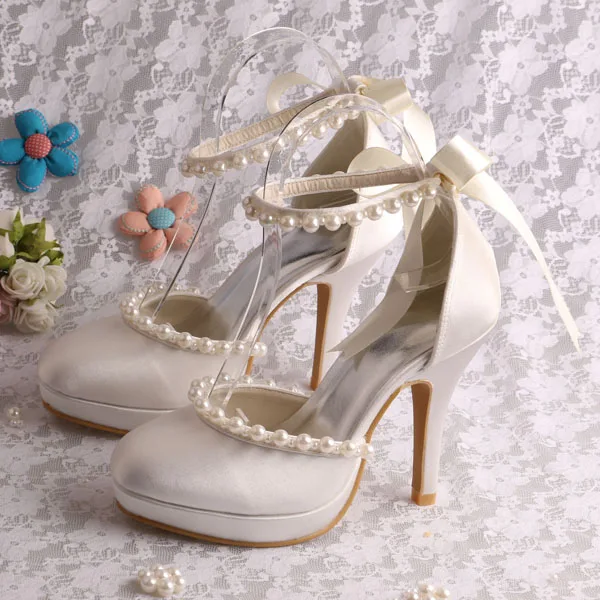 

Wedopus Ivory White Club Heel Shoes with Ankle Strap Pearl Wedding Shoes Bridal