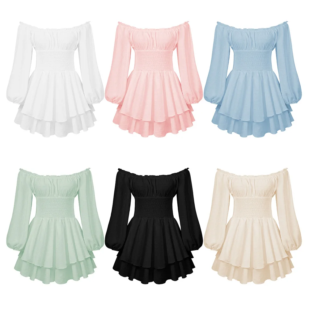 Summer Premium Women's Pleated One Neck Long Sleeve Casual Ruffle Jumpsuit French Shorts New Women Dress