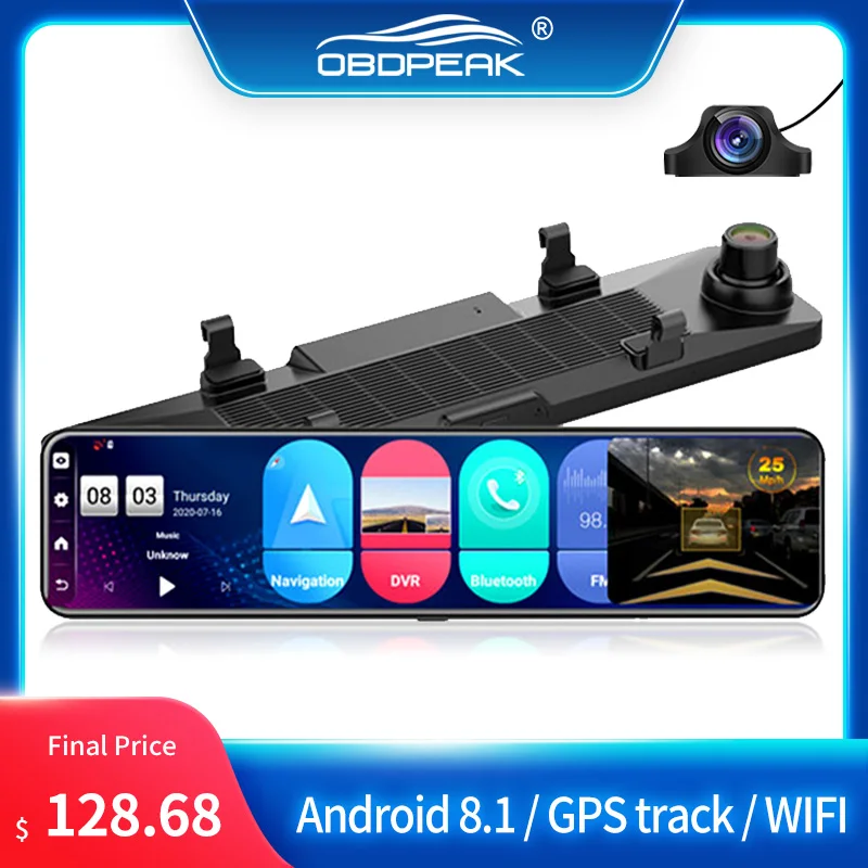 

OBDPEAK 4G+32G 12" Car-Recorder DVR Android 8.1 DashCam Stream Media Rearview Mirror WiFi ADAS GPS Maps Auto Video Car Dash Cam
