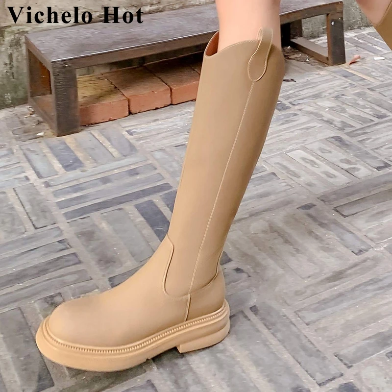 

Vichelo Hot Full Grain Leather Med Heel Round Toe Equestrian Boots Thick Bottom Leisure Chic Slip On Brand Cozy Thigh High Boots